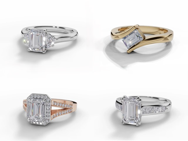 SELECTION OF FOUR EMERALD CUT DIAMOND ENGAGEMENT RINGS